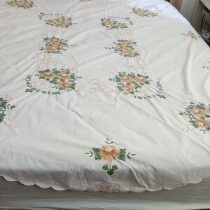 Vintage Handmade Cotton Embroidered Applique Floral Tablecloth Oblong 68"x85"